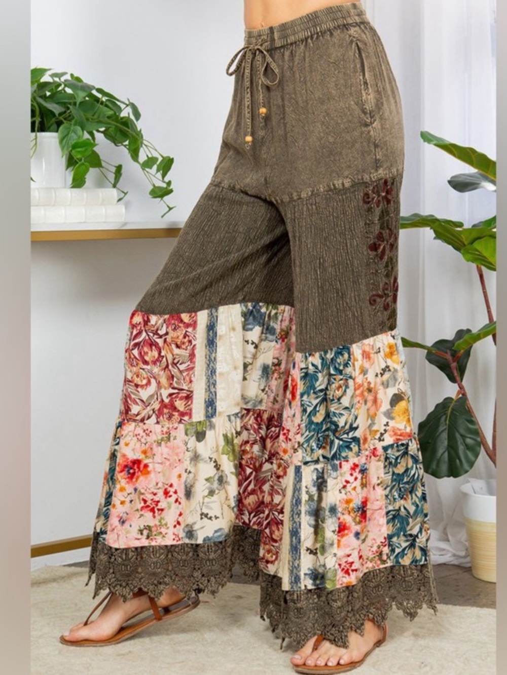 YOUNG THREADS Women’s (Gravel) Patchwork Embroidered Mineral Wash Wide Leg Pants